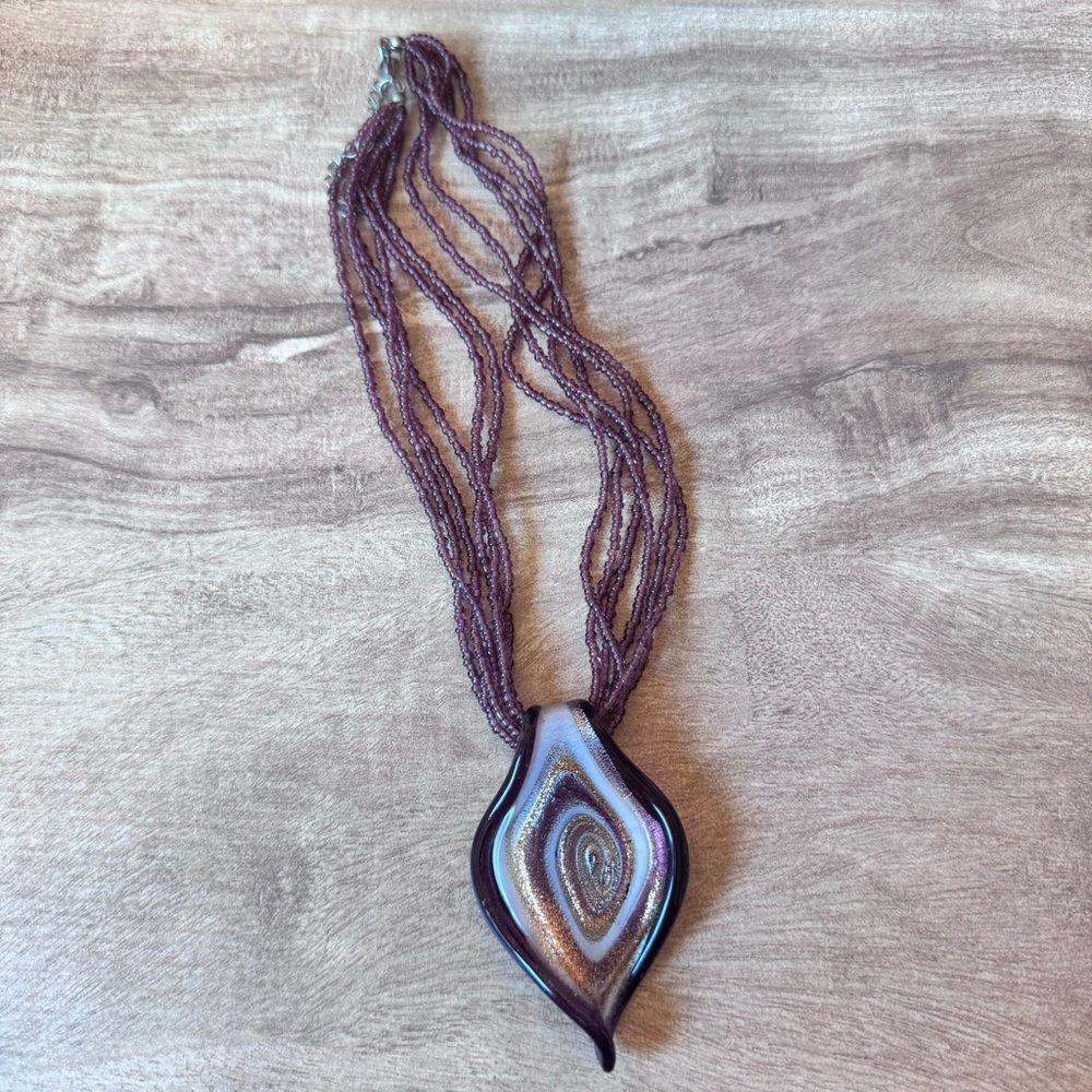 Vintage Y2K Boho Art Murano Glass Style Pendant With Purple Seed Beqd Necklace